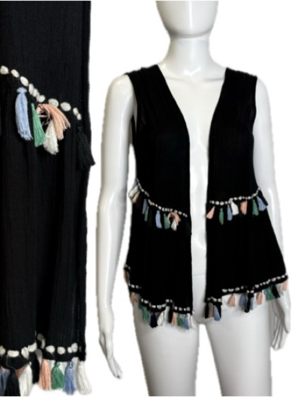 Madden Black Crinkled Viscose Open Front Tassel Top OS Open Front Fairy Whimsy
